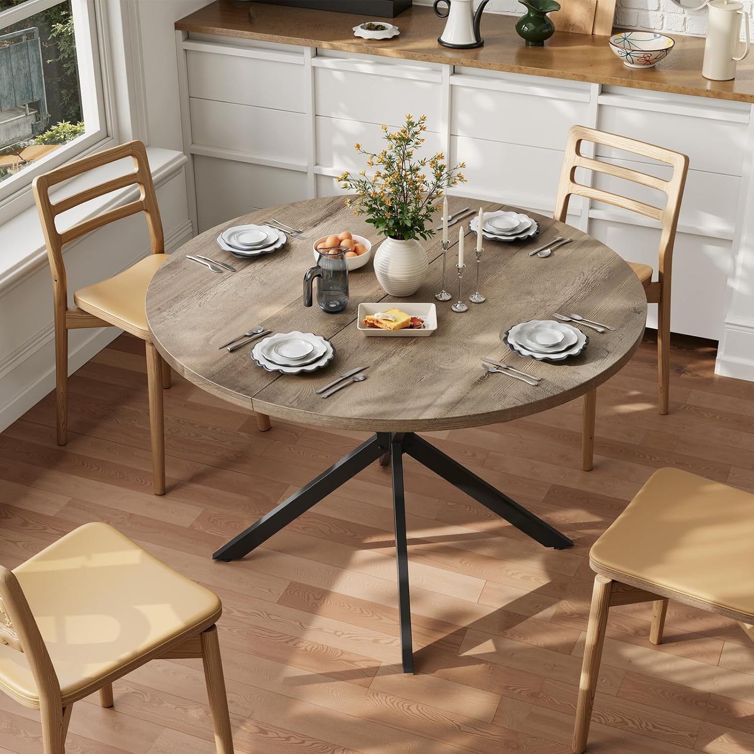 Vantic 47" Round Dining Table for 4-6 People, Farmhouse Wood Kitchen Table for Small Space, Circle Dining Table with Metal Base for Kitchen & Living Room, Ivory