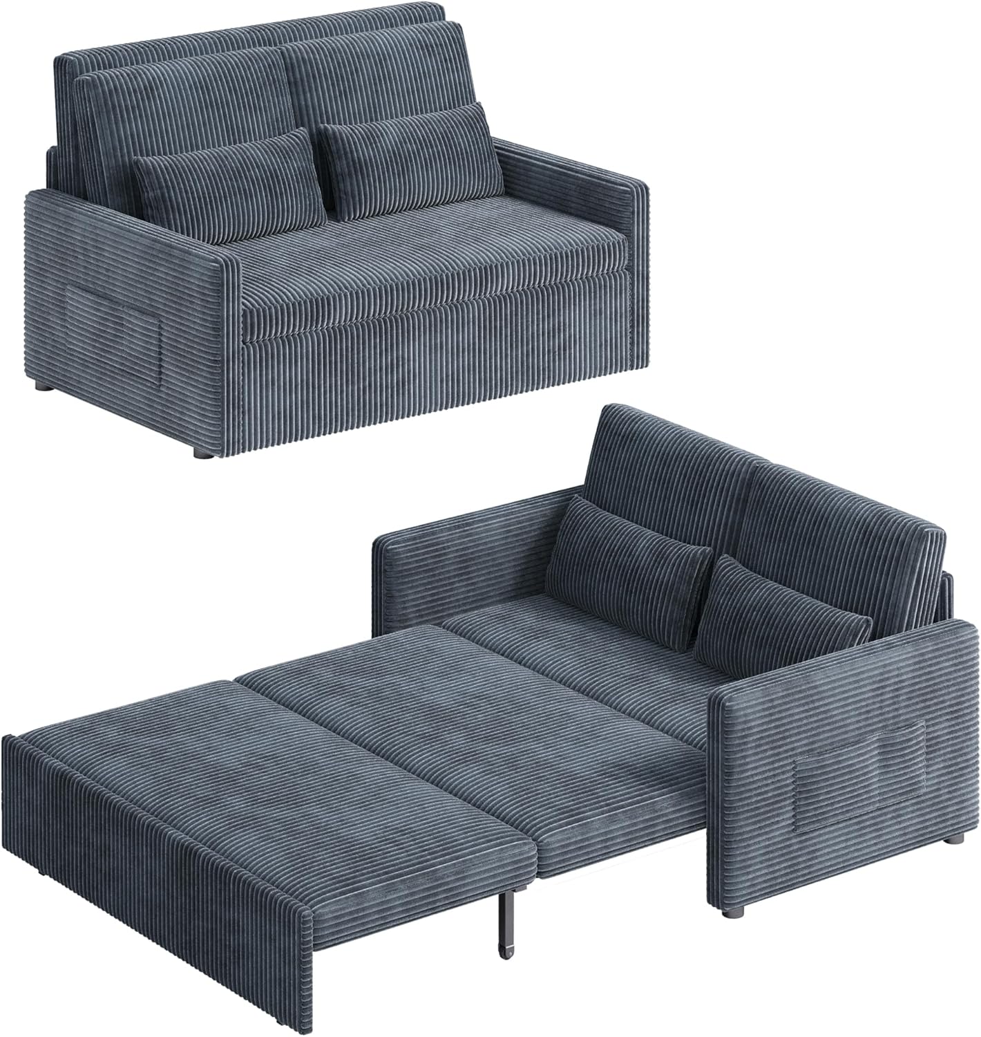 Ahomly 77.2'' Extended Pull Out Sofa Bed, 3-in-1 Small Space Convertible Loveseat Sleeper Couch Bed, Corduroy Sofa for Living Room, Bedroom, Apartment, Dark Grey