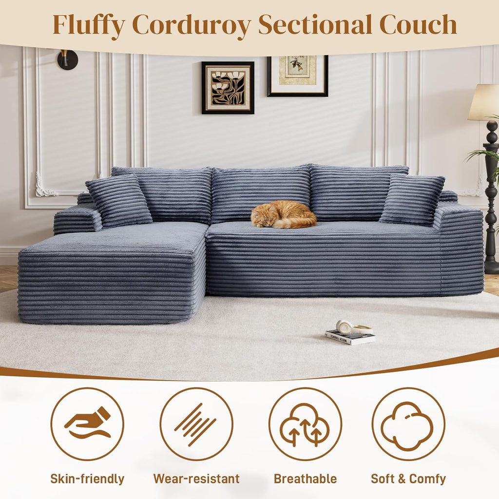 95" Boneless Cloud Sectional Couches for Living Room, Comfy Fluffy L Shaped Memory Foam Deep Seat Boneless Couch, Modular Sectional Sofa with Left Facing Chaise, Grey