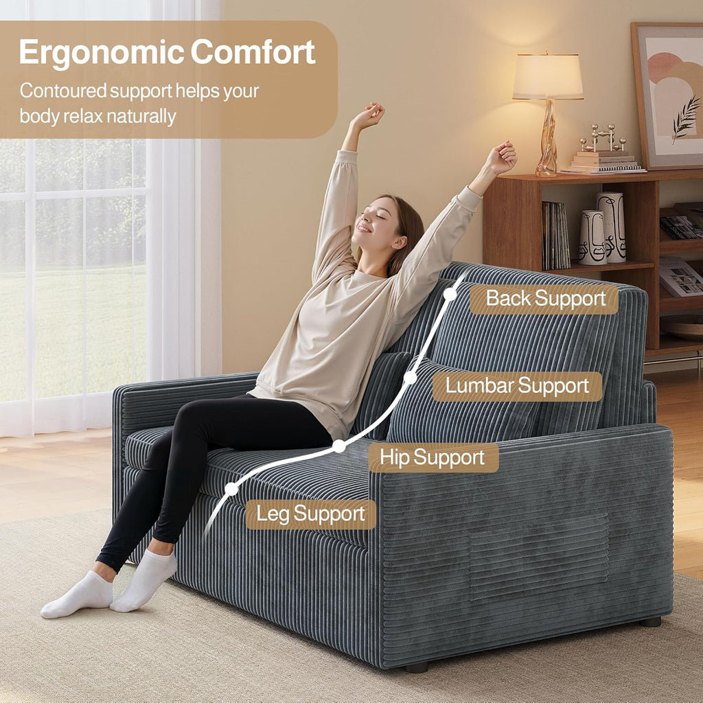 Ahomly 77.2'' Extended Pull Out Sofa Bed, 3-in-1 Small Space Convertible Loveseat Sleeper Couch Bed, Corduroy Sofa for Living Room, Bedroom, Apartment, Dark Grey