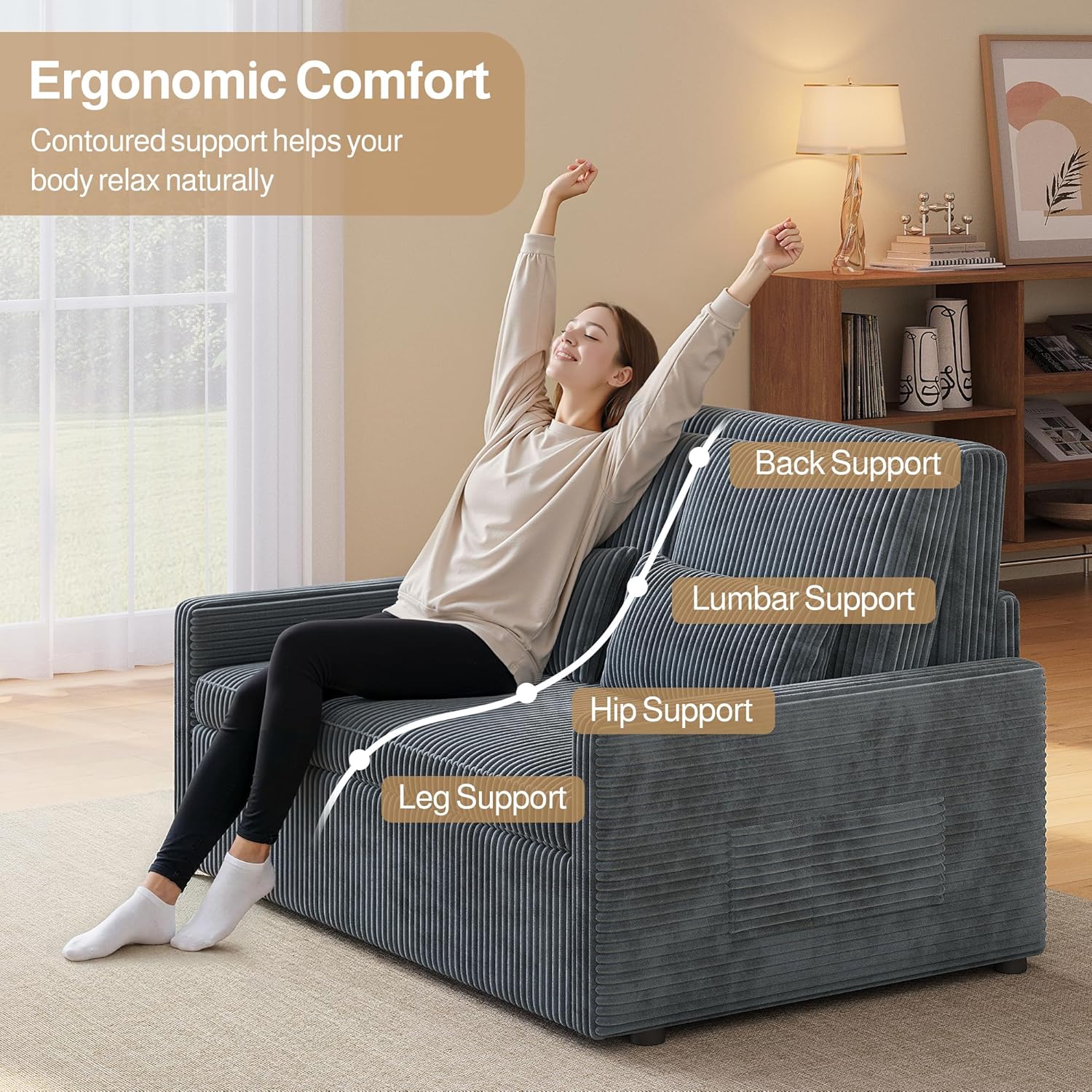 Ahomly 77.2'' Extended Pull Out Sofa Bed, 3-in-1 Small Space Convertible Loveseat Sleeper Couch Bed, Corduroy Sofa for Living Room, Bedroom, Apartment, Dark Grey