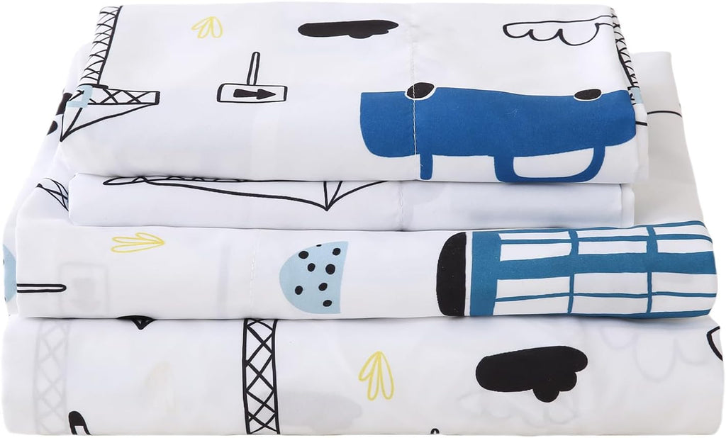 Twin Bed Sheets Boys Kids Construction Car Sheet Set 15-Inch Deep Pocket Fitted Sheet Soft Microfiber 3 Pieces Bedding Sets with Pillowcase Fade Resistant Children Room Decor