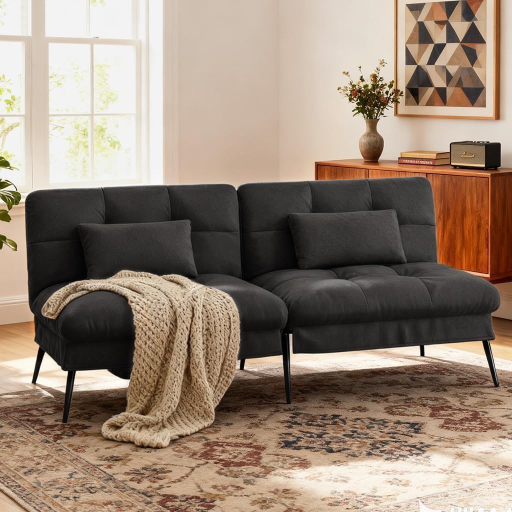 COMHOMA Convertible Futon Sofa Bed, 72″Fabric Futons Couch with Adjustable Backrest, Folding Sleeper Recliner for Living Room Furniture (Black)