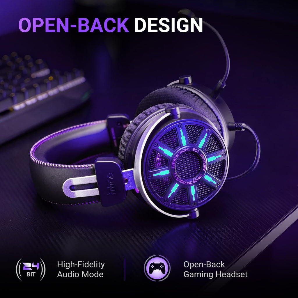 FIFINE Wired Open Back Gaming Headset, Open Acoustic Audio, Breathable Mesh Fabric, 7.1 Surround Sound, Vibrant RGB, USB Control Box, Over-Ear Headphone with Mic for PC, PS5/PS4, Laptop, Mac - H19BP