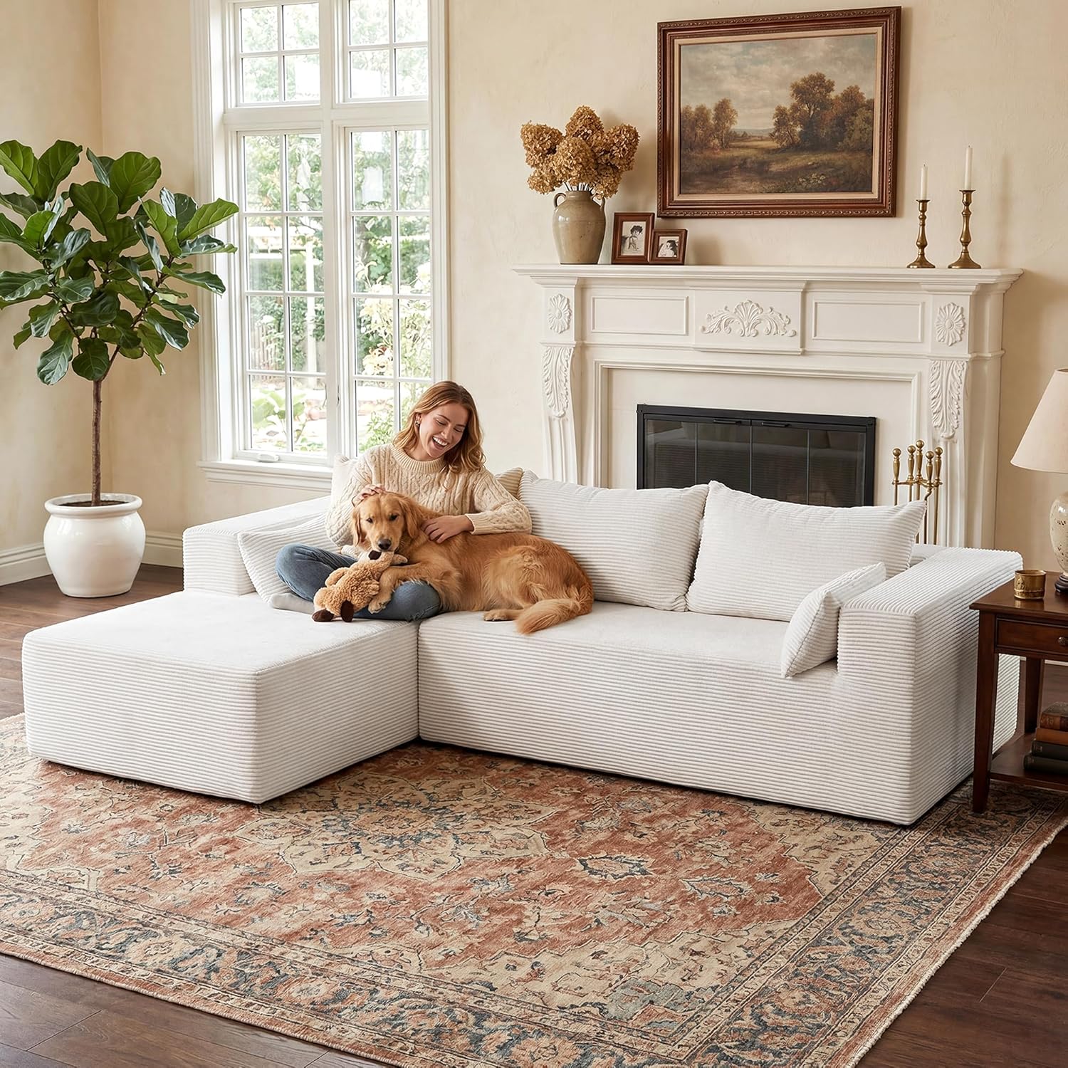 106" Cloud Sectional Boneless Couches for Living Room, Modular L Shaped Couch with Deep Seat Oversized Left Facing Chaise, Memory Foam Compressed Spineless 3 Seater Sofa for Bedroom Apartment, Beige