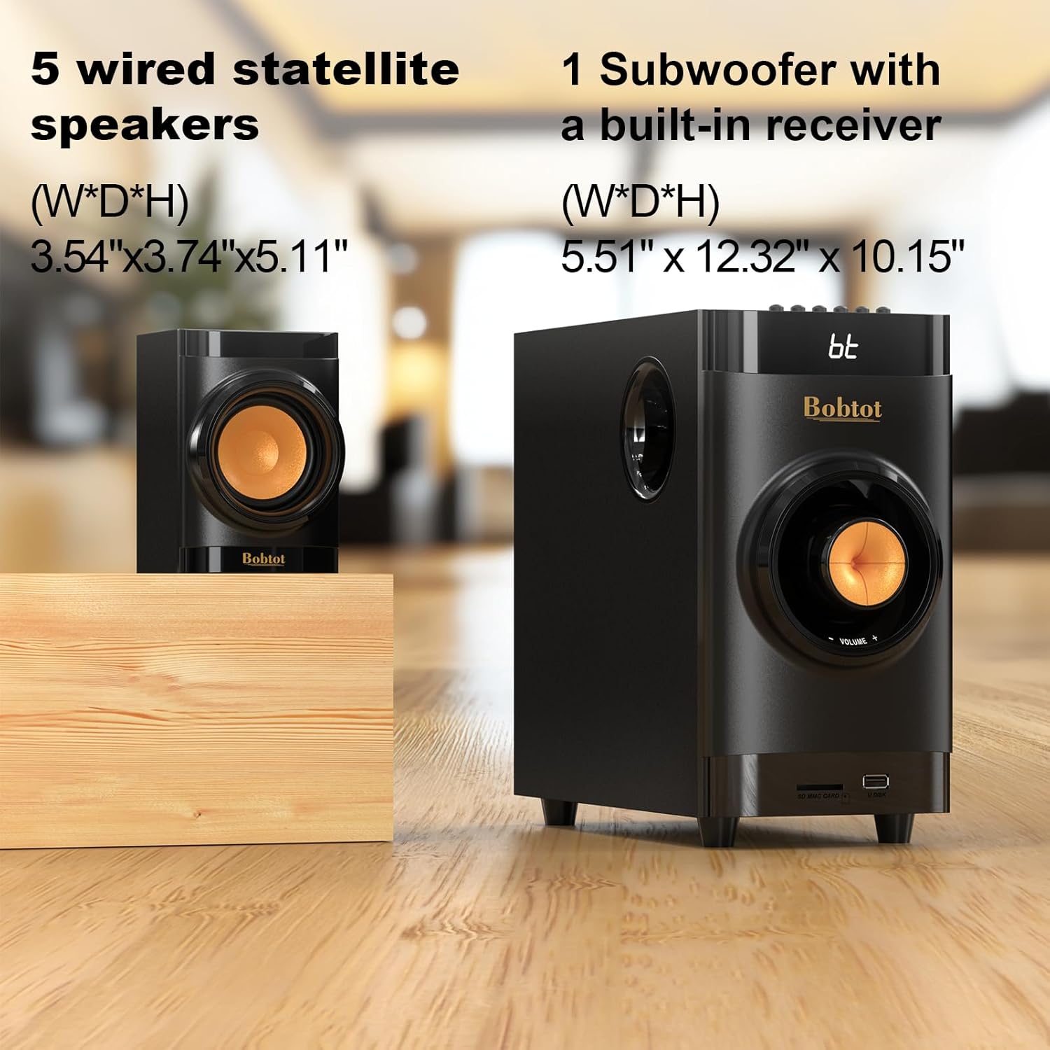 Bobtot Small Subwoofer Home Theater for TV Surround System 5 Wired Speakers Amplifier 4 inch Woofer Built-in Receiver Support ARC Optical Bluetooth Input for Projector