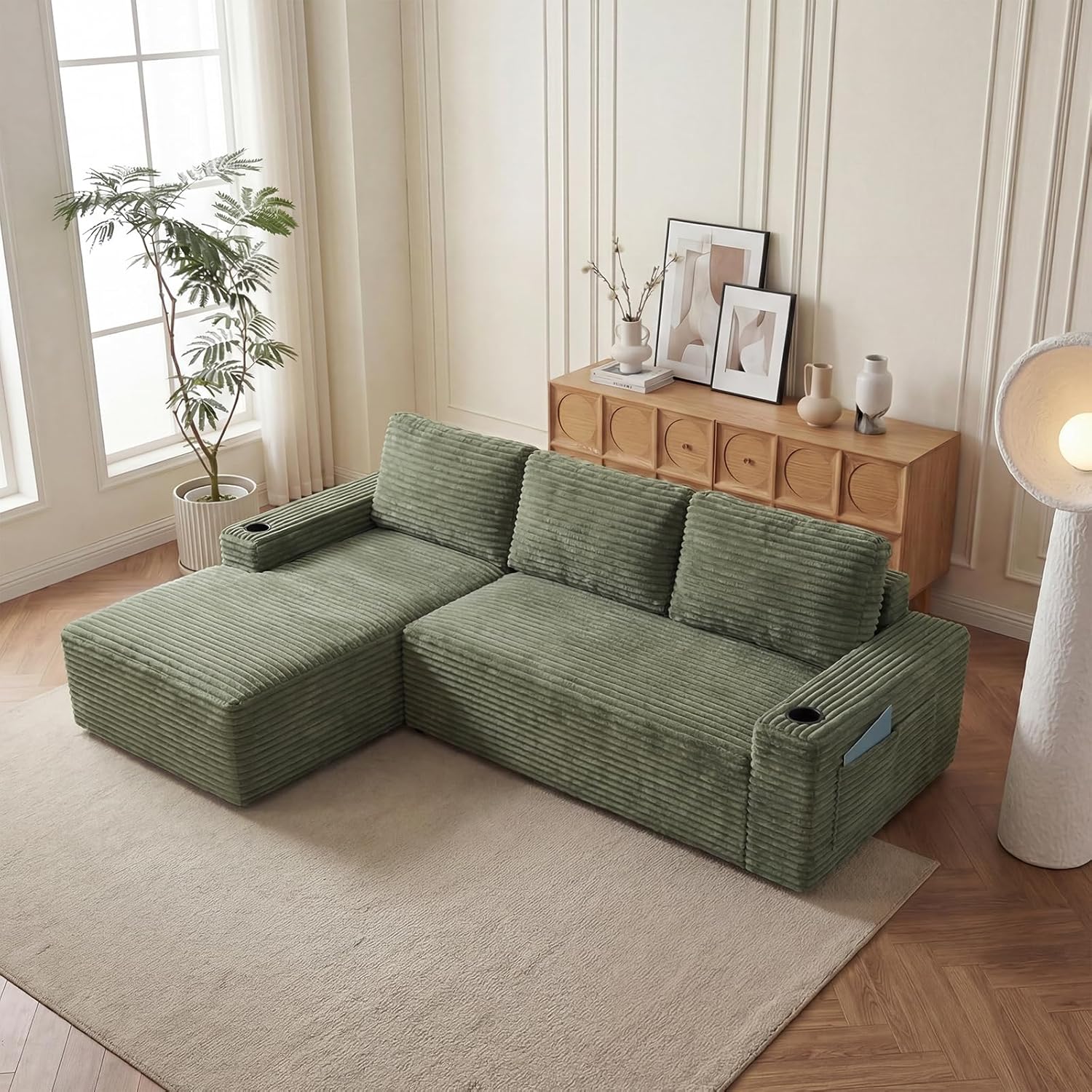 104" L Shaped Boneless Sectional Couches for Living Room, Comfy Corduroy Floor Cloud Sofa with Chaise and Cup Holder, Wide Armrest, Deep Seat, Assembly Free, Ideal for Small Spaces, Green