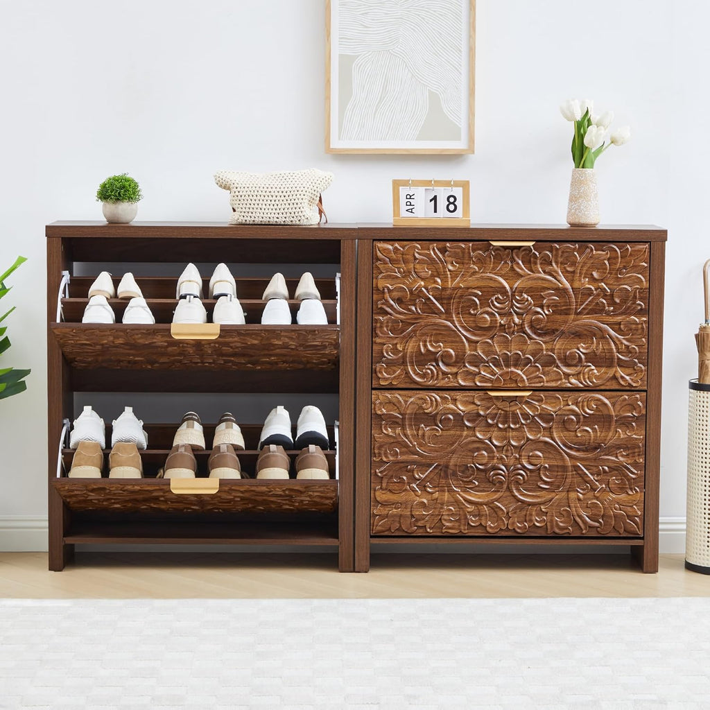 weselon Shoe Cabinet with Flip Drawers, Narrow Shoe Storage Cabinet, 2-Tier Hidden Shoe Organizer with Carved Floral for Entryway, Mid-Century Modern Slim Shoes Storage for Hallway Foyer (1, Walnut)
