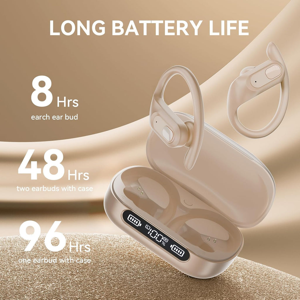 occiam Active Noise Cancelling Wireless Earbuds Bluetooth Headphones Ear Buds 96Hrs Playback Clear Call Waterproof Earphones with Ear Hook Microphones for Sport Running Off-White