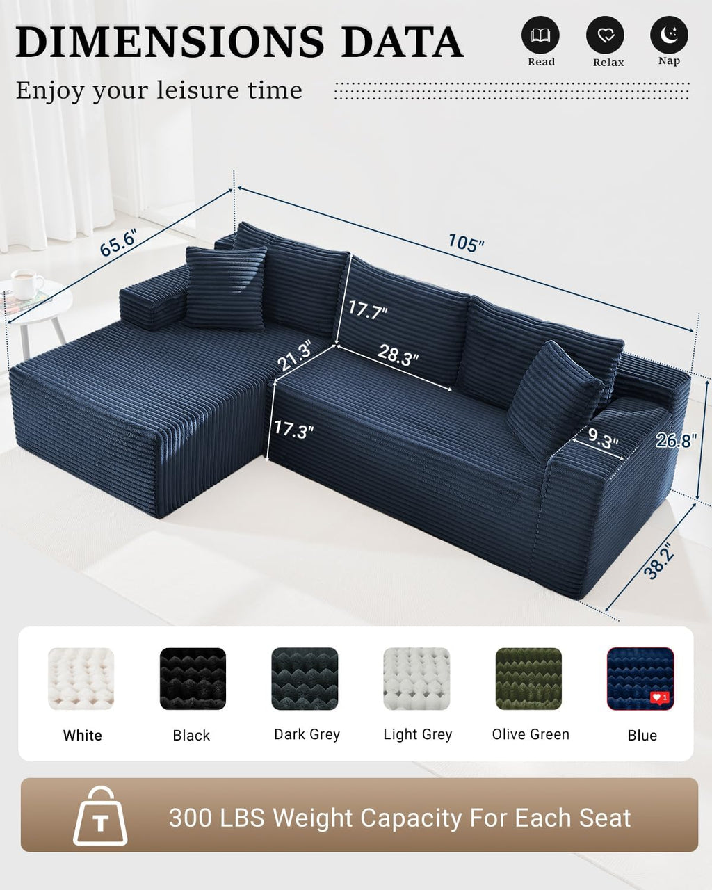 105 Inch Cloud Sectional Couch,Modern Modular Sectional Sofa with Deep Seat,Corduroy Boneless Couches with L-Shape Chaise for Living Room Bedroom,No Assembly Required (Blue, Left Facing Chaise)