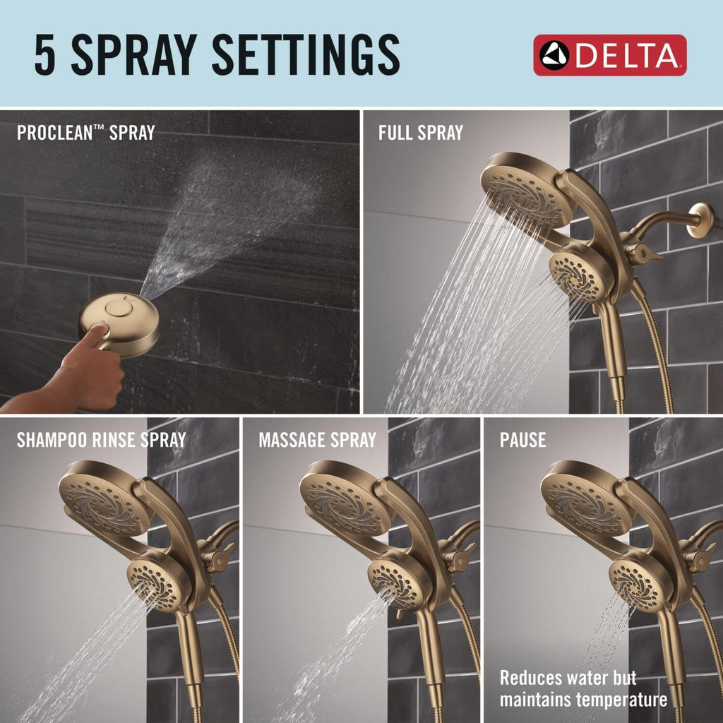 Delta 5-Setting HydroRain 2-in-1 Dual Shower Head with ProClean Spray, Brushed Gold High Pressure Shower Head with Handheld Spray, 1.75 GPM Flow Rate, Champagne Bronze 75419CZ