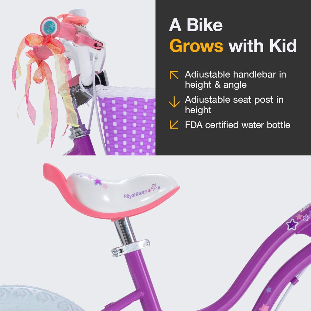 RoyalBaby Girls Bike, Stargirl EZ Kids Bike Balance and Pedal Bicycle with Basket and Dual Handbrake, 12 14 16 18 Inch Toddlers to Big Kids 3-8 Years, Multiple Colors
