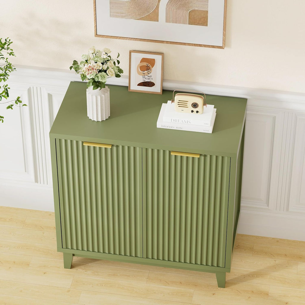 Fluted Cabinet with Storage, 2 Doors Sideboard Buffet, Mid Century Modern Accent Cabinet with Adjustable Shelves, Multifunctional Console Table with Storage for Living Room, Kitchen, Entryway, Green