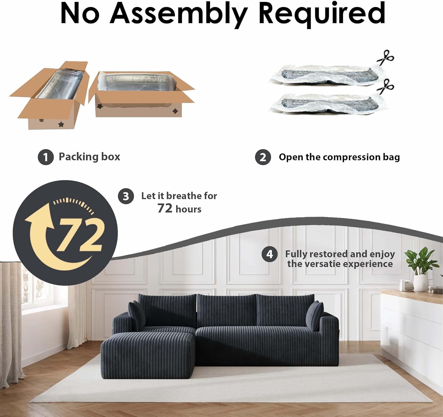 108" Cloud Couch Modular Sectional Sofa for Living Room,L Shaped Boneless Couch with Deep Seat Chaise,No Assembly Required Foam Sleeper Sofa for Apartments,Plush Corduroy Fabric, Dark Grey
