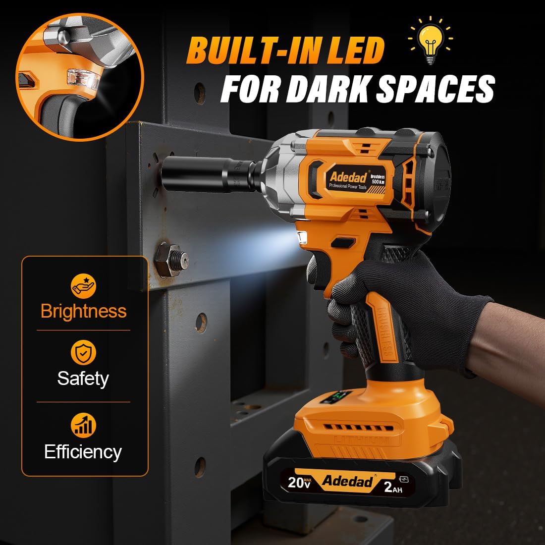 Brushless Impact Wrench 3-in-1 500N.m(369Ft-lbs) Torque Wrench 1/2 Drive with 2.0Ah Battery, 8 Drill Bits, 6 Screwdriver Bits, 4 Sockets, Cordless Impact Gun for automotive Repair and DIY