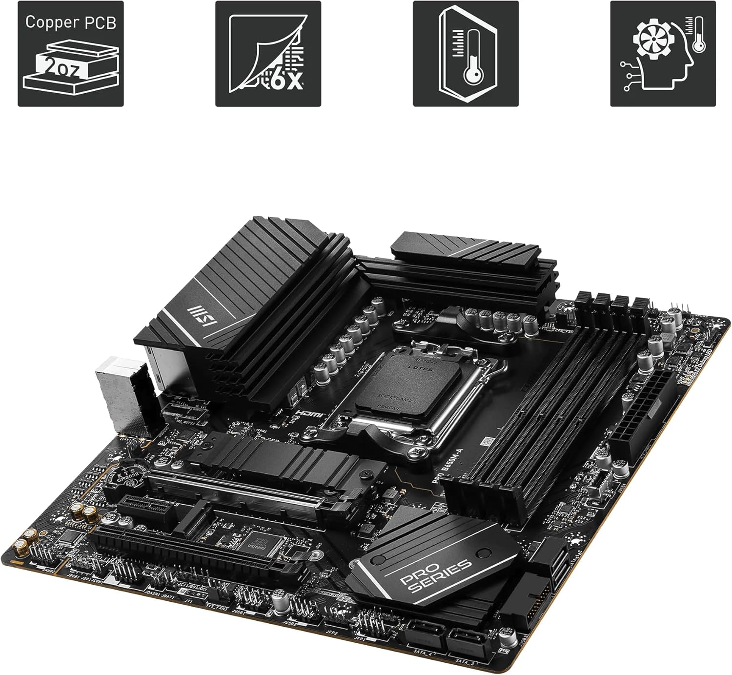 MSI PRO B650M-A WiFi V1 Motherboard, Micro-ATX - Supports AMD Ryzen 9000/8000 / 7000 Series Processors, AM5 - DDR5 Memory Boost 6000+MHz/OC, 2 x PCIe 4.0 x16, 2 x M.2 Gen4, 2.5G LAN