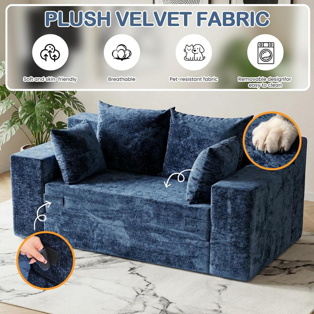 Boneless Loveseat Sofa Bed, 3-in-1 Convertible Sofa Bed Sleeper Sofa Floor Futon Couch for Living Room, Velvet-Blue