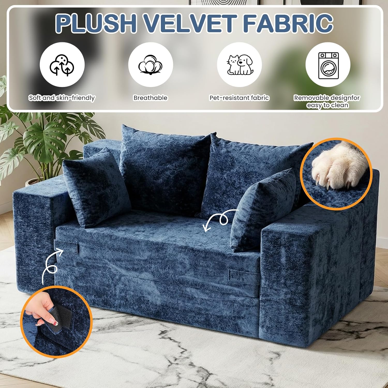 Boneless Loveseat Sofa Bed, 3-in-1 Convertible Sofa Bed Sleeper Sofa Floor Futon Couch for Living Room, Velvet-Blue
