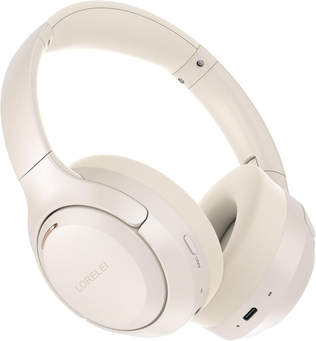 LORELEI QC60 Hybrid Active Noise Cancenlling Headphones,Wireless Over Ear Bluetooth Headsets with mic,100H Playtime  .3 EQ Mode Deep Bass, Memory Earmuffs,for Travel Home Office(Beige White)