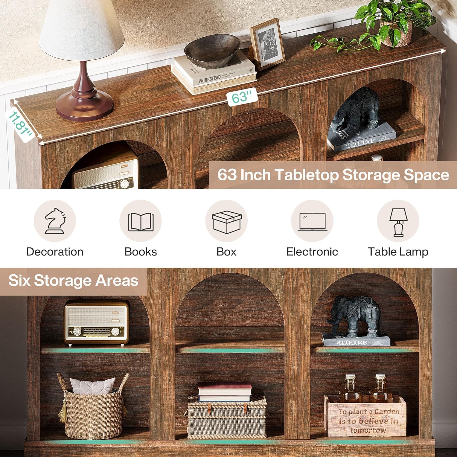 Tribesigns Farmhouse Console Table, 63-Inch Long 3 Tier Entryway Table with Storage, Wooden Rectangular Sofa Table Behind The Couch for Entrance, Hallway, Living Room, Dark Brown