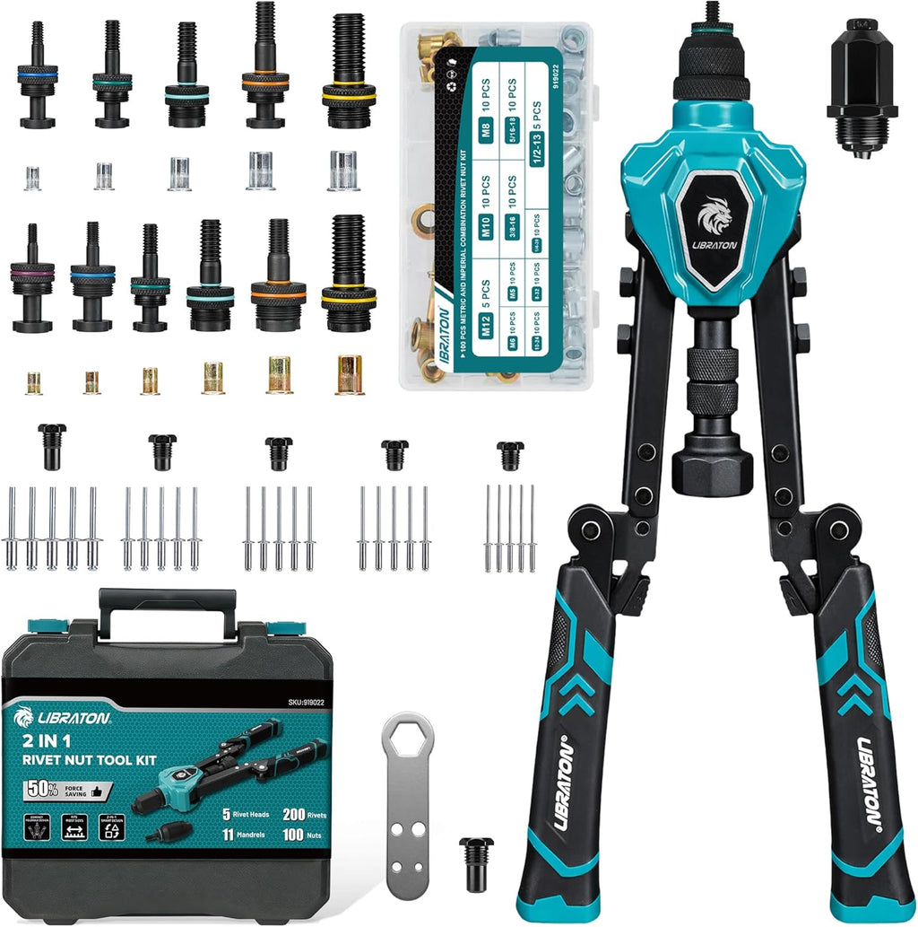 LIBRATON 2in1 Rivet Nut Tool and Rivet Gun Kit Folding, with 11 Mandrels (Metric & SAE) & 5 Nose Pieces (2.4-6.4mm), Includes 100 Nuts & 200 Pop Rivets, Folding Heavy Duty Hand Tool for DIY & Repair