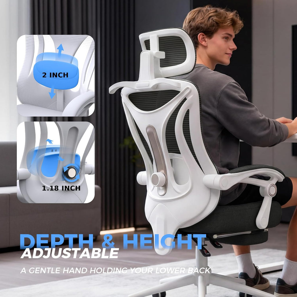 Ergonomic Office Chair with Footrest - Adjustable Lumbar Support & Headrest, 90-160° Reclining Mesh Back Computer Chair - Home Office/Gaming, 350lbs Capacity