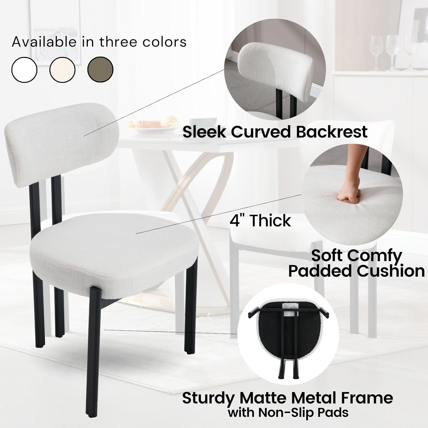 LukeAlon Linen Dining Chairs Set of 6, Curved Back Modern Side Chairs Upholstered Armless Reception Guest Chair with Black Metal Legs for Kitchen Restaurant Dining Room, Light Beige