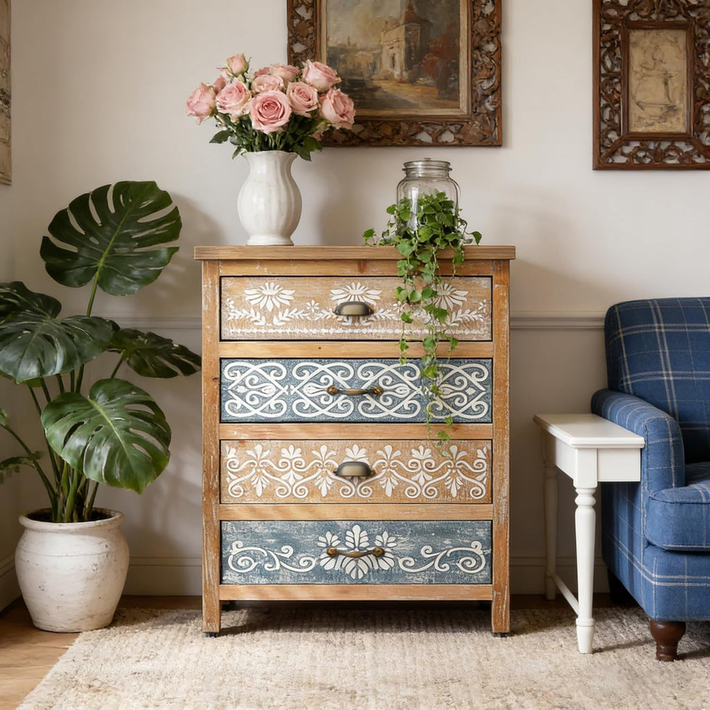 Boho Small Accent Cabinet with Hand-Painted Floral Drawers | Rustic Wood Storage Cabinet with 4 Drawers | Decorative Entryway Cabinet for Living Room, Dining Room, Kitchen | Solid Fir Wood Frame