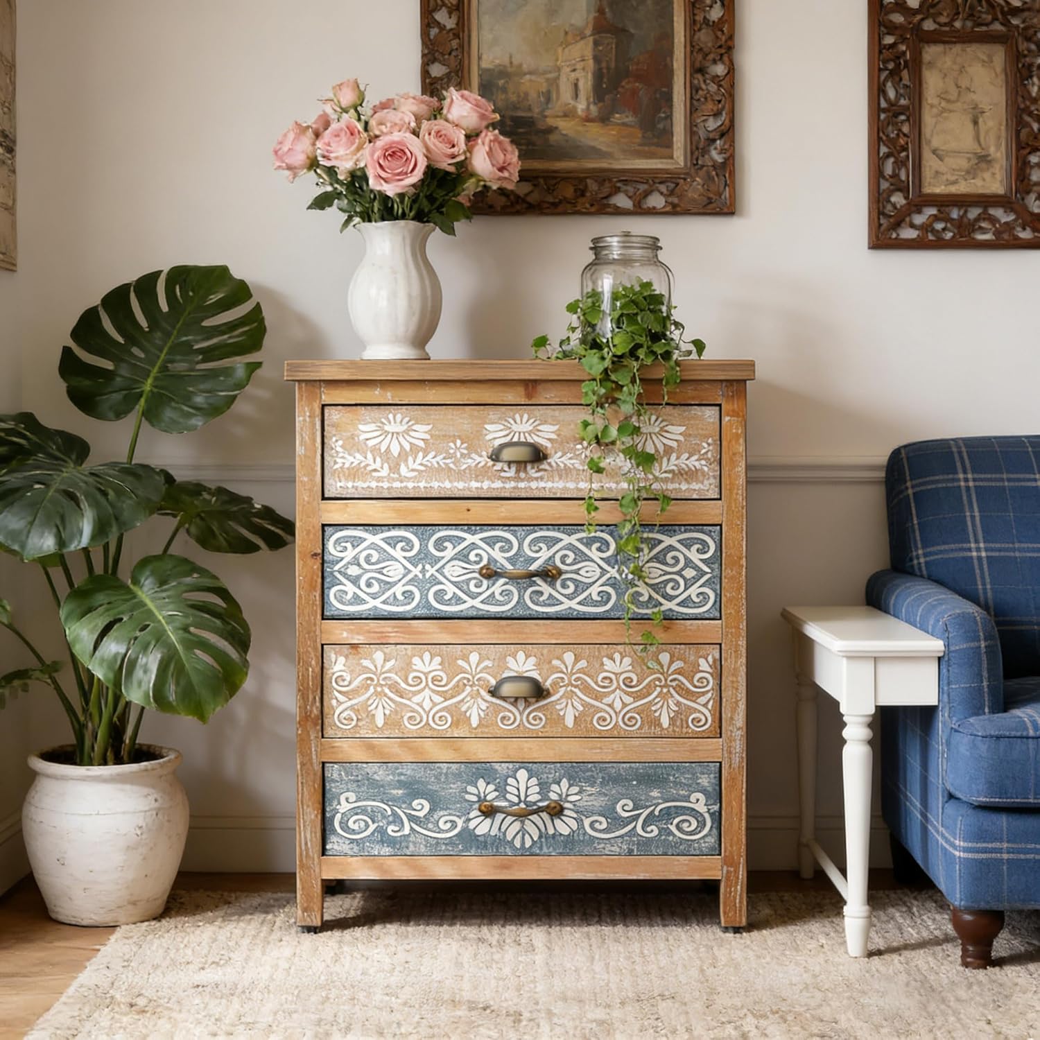 Boho Small Accent Cabinet with Hand-Painted Floral Drawers | Rustic Wood Storage Cabinet with 4 Drawers | Decorative Entryway Cabinet for Living Room, Dining Room, Kitchen | Solid Fir Wood Frame