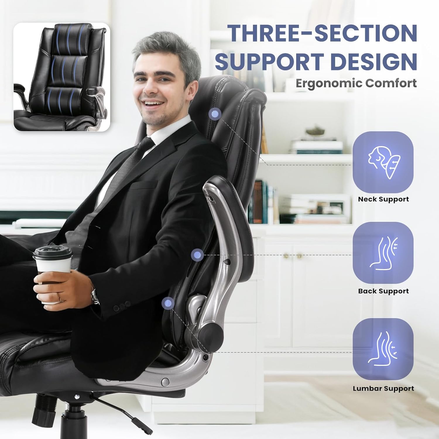 COLAMY Leather Executive Office Chair - High Back Home Computer Desk Chair with Padded Flip-up Arms, Adjustable Tilt Lock, Swivel Rolling Ergonomic Chair for Adult Working Study, Black