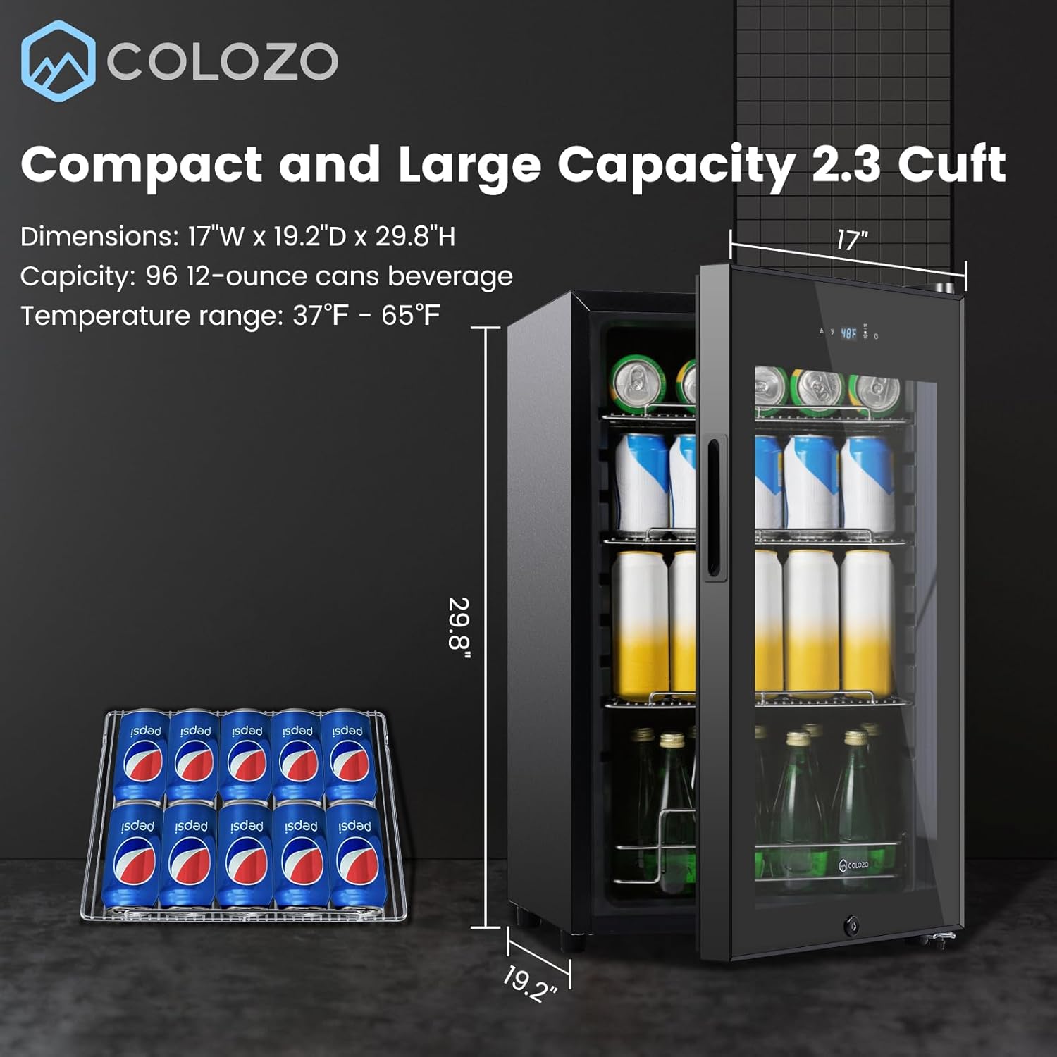 17 Inch Black Beverage Refrigerator Cooler, 96 Cans Mini Fridge with Glass Door&Lock, Beer Fridge for Soda Water or Wine, Drink Refrigerator for Home Office Bar Bedroom