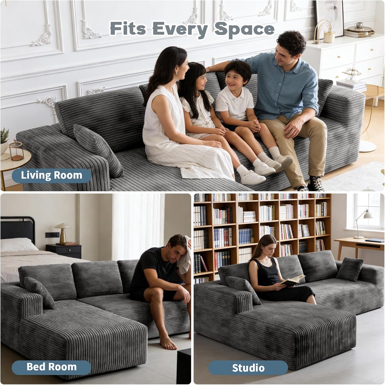 106" Corduroy Sectional Couch, Boneless L Shaped Couch with Deep Seat, Cloud Foam Sofa with Oversized Chaise, Sectional Sofa No Assembly Needed for Living Room