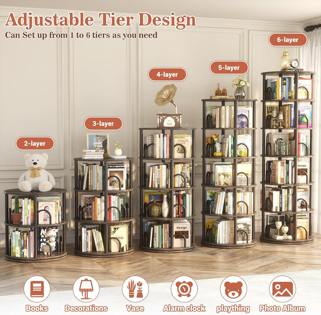 Aheaplus 6 Tier Rotating Bookshelf Tower, Revolving Bookcase, 360° Round Spinning Book Shelf, Narrow Swivel Bookshelves Vertical Turning Corner Bookshelf Organizer for Small Space, Black Oak