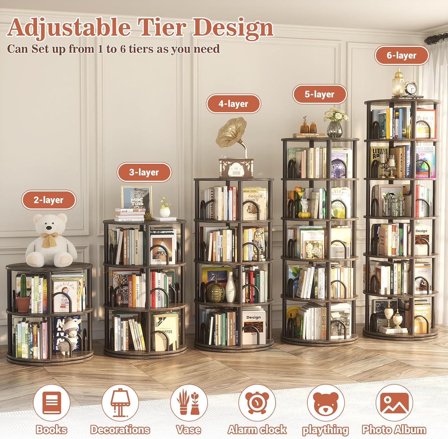 Aheaplus 6 Tier Rotating Bookshelf Tower, Revolving Bookcase, 360° Round Spinning Book Shelf, Narrow Swivel Bookshelves Vertical Turning Corner Bookshelf Organizer for Small Space, Black Oak