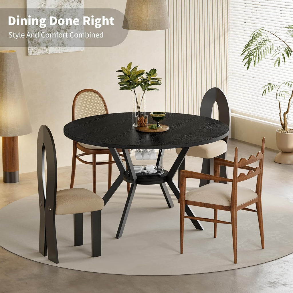 Black Dining Table for 2-4, 42 Inch Round Kitchen Table with Storage, Wooden Circle Dinner Table with Metal Legs, Rustic Mid Century Modern Dining Room Tables for Kitchen, Living Room, Dining Room