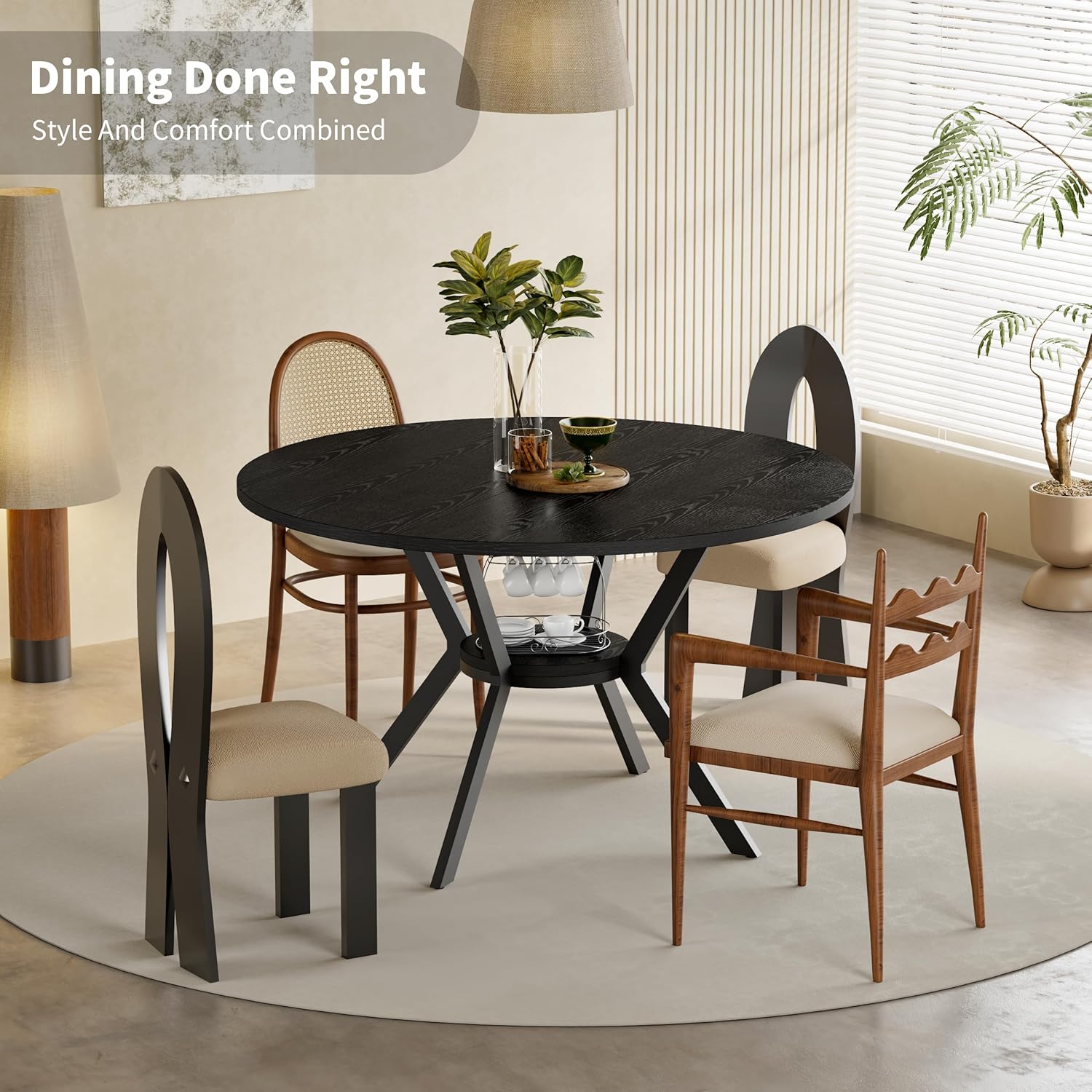 Black Dining Table for 2-4, 42 Inch Round Kitchen Table with Storage, Wooden Circle Dinner Table with Metal Legs, Rustic Mid Century Modern Dining Room Tables for Kitchen, Living Room, Dining Room