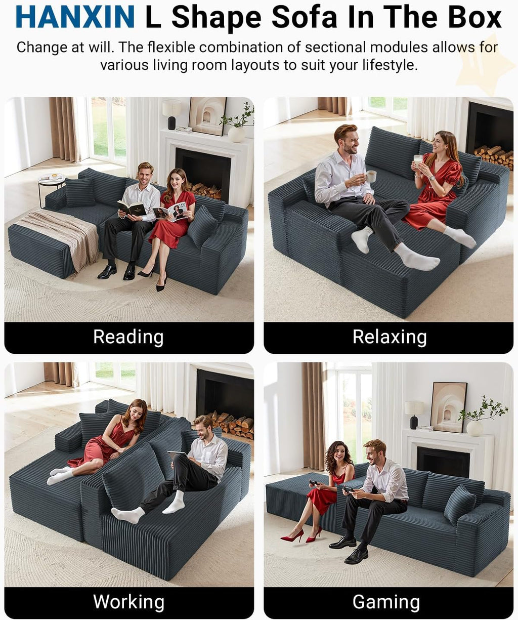 105 Inch Cloud Sectional Couch,Modern Modular Sectional Sofa with Deep Seat,Corduroy Boneless Couches with L-Shape Chaise for Living Room Bedroom,No Assembly Required (Dark Grey, Left Facing Chaise)