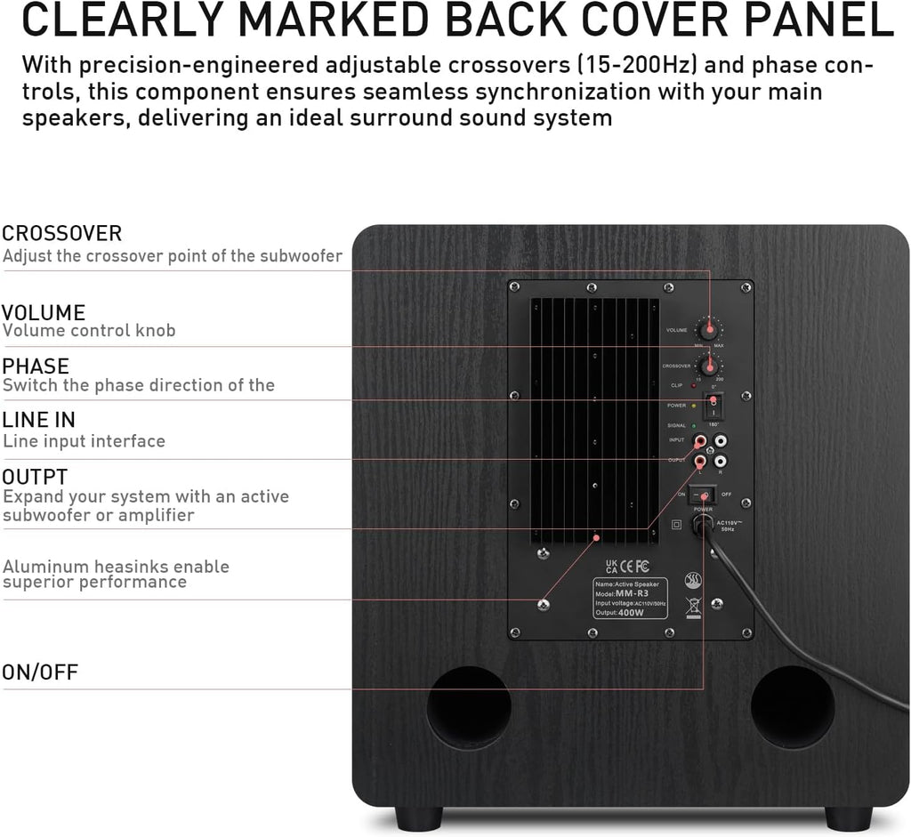 Elimavi 12" Powered Subwoofer Home Audio - 400W Deep Bass for Home Theater - Copper Driver, MDF Enclosure w/Aluminum Radiator - Ideal for Home Surround Sound Systems