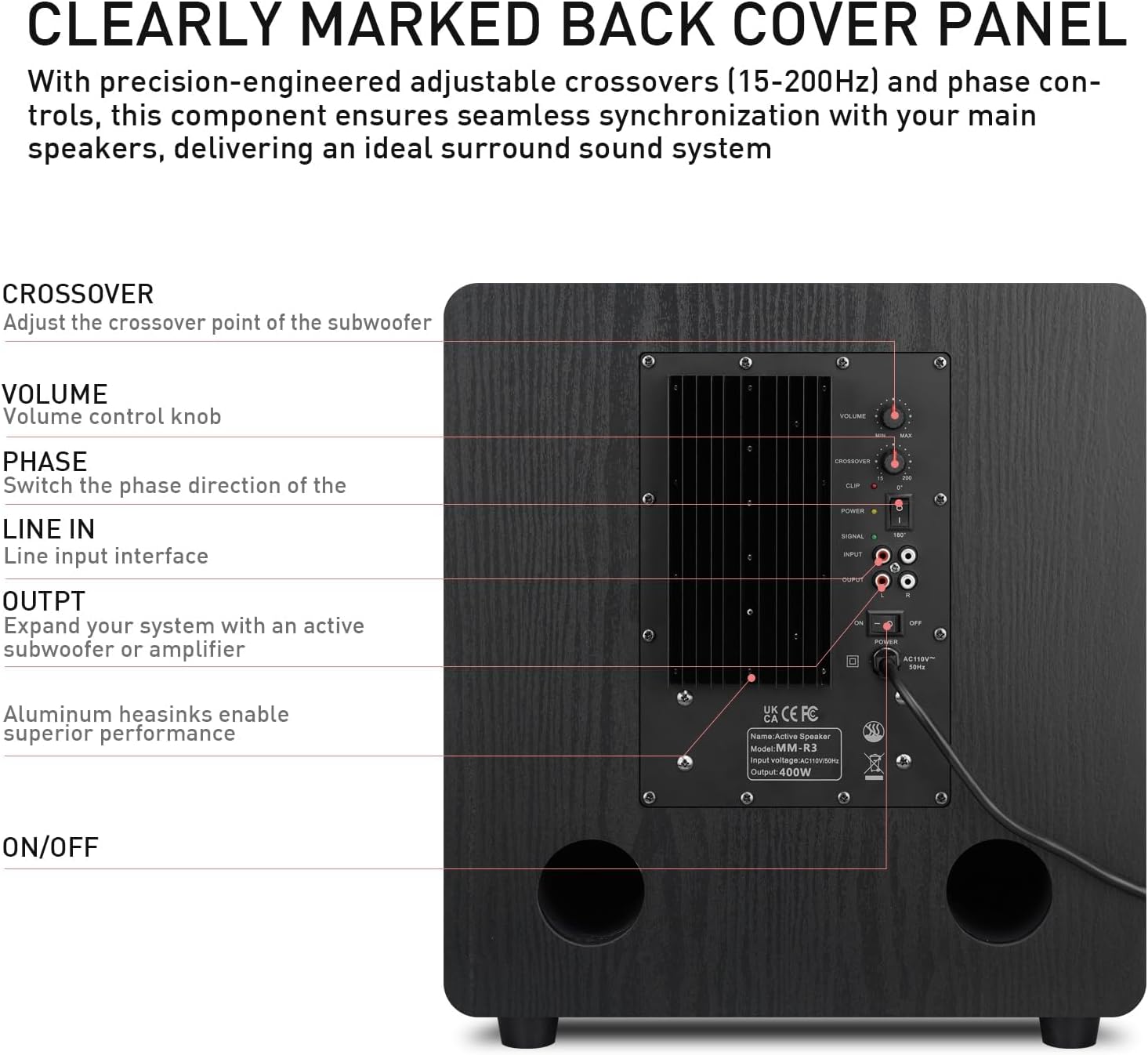 Elimavi 12" Powered Subwoofer Home Audio - 400W Deep Bass for Home Theater - Copper Driver, MDF Enclosure w/Aluminum Radiator - Ideal for Home Surround Sound Systems