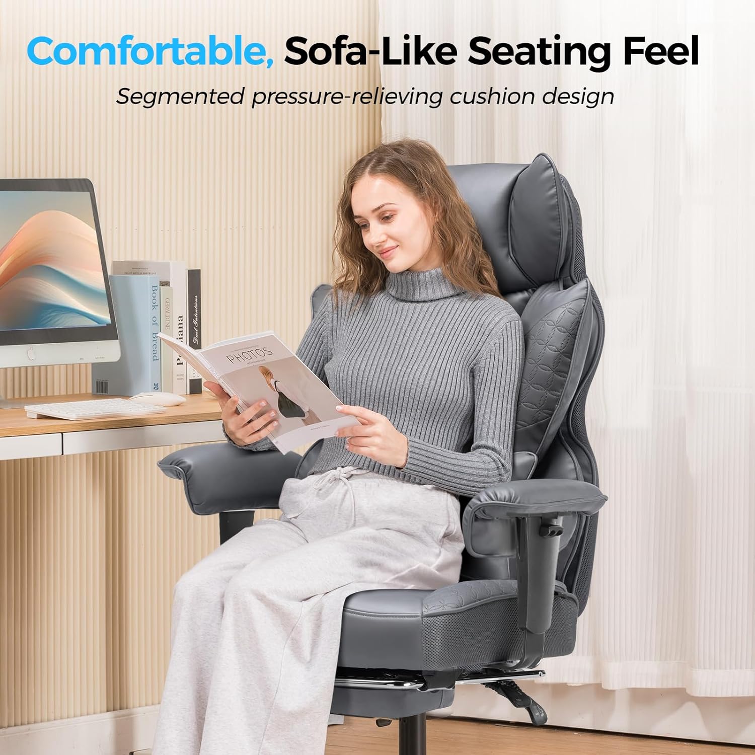 COMHOMA Big and Tall Office Chair Heavy Duty Wide Ergonomic Gaming Chair with Deluxe Embossing Designed Leather with Foot Rest,150°Reclining Adjustable Armrests Pocket Spring Back Support and Pillow