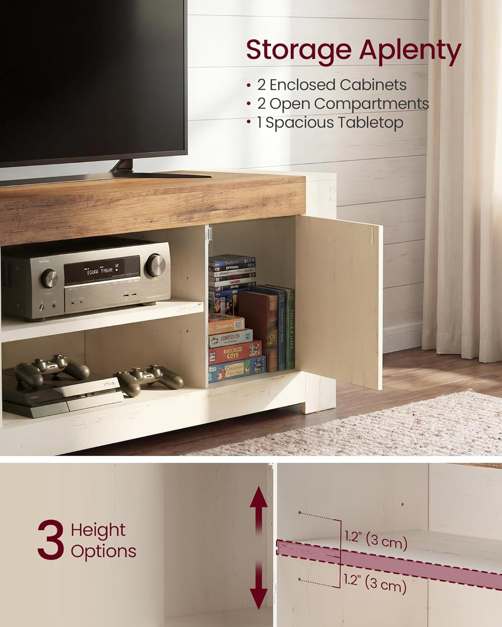 VASAGLE TV Stand, Farmhouse Entertainment Center with Storage Cabinets, Media Console Table for Living Room, Bedroom, for 65 Inch TV, 58 x 15.7 x 23.6 Inches, Rustic White and Honey Brown ULTV623W201S