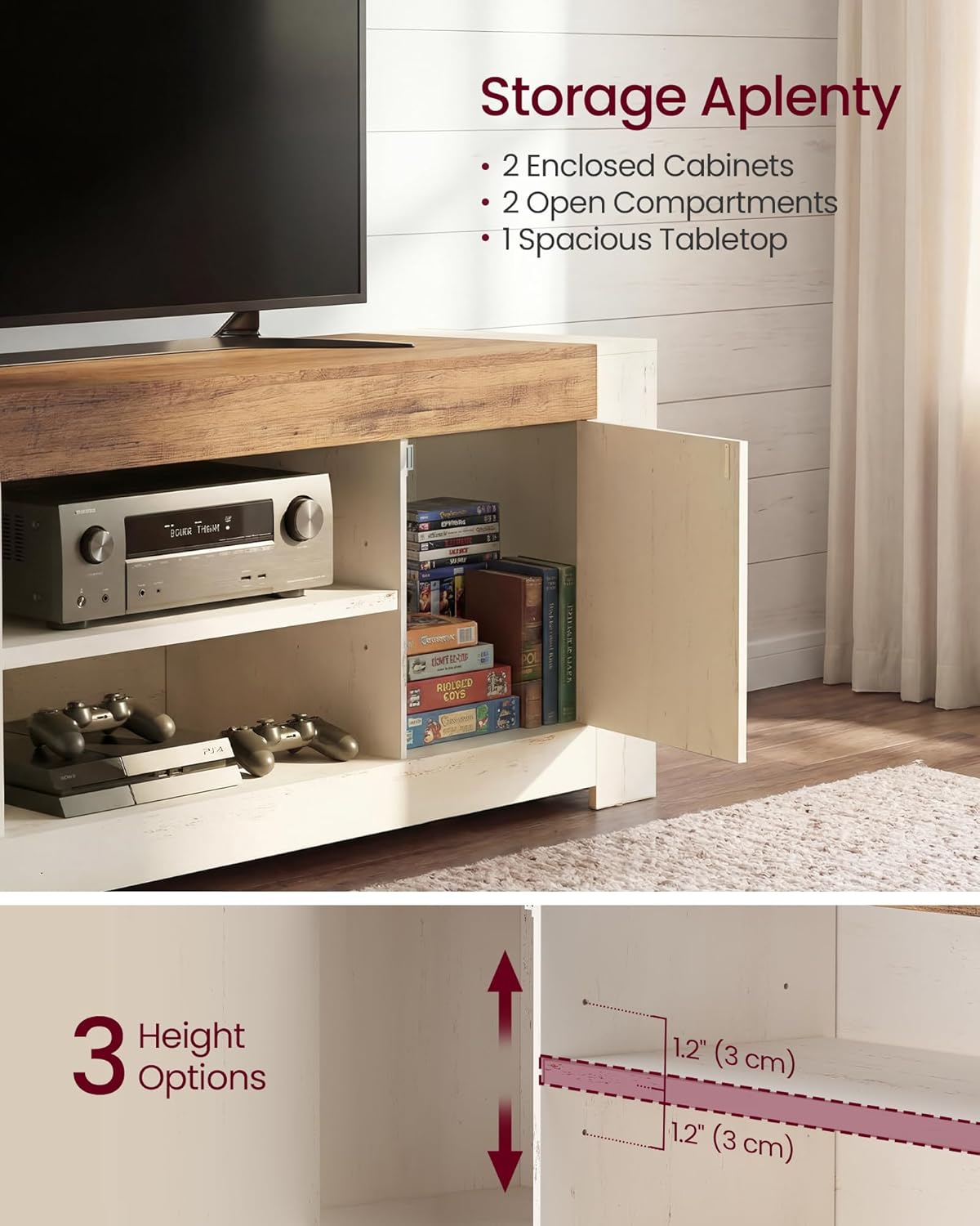 VASAGLE TV Stand, Farmhouse Entertainment Center with Storage Cabinets, Media Console Table for Living Room, Bedroom, for 65 Inch TV, 58 x 15.7 x 23.6 Inches, Rustic White and Honey Brown ULTV623W201S