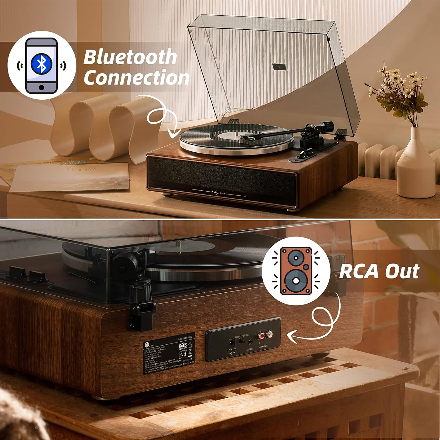 1 by ONE High Fidelity Belt Drive Turntable with Built-in Speakers, Vinyl Record Player with Magnetic Cartridge, Wireless Playback and Aux-in Functionality, Auto Off