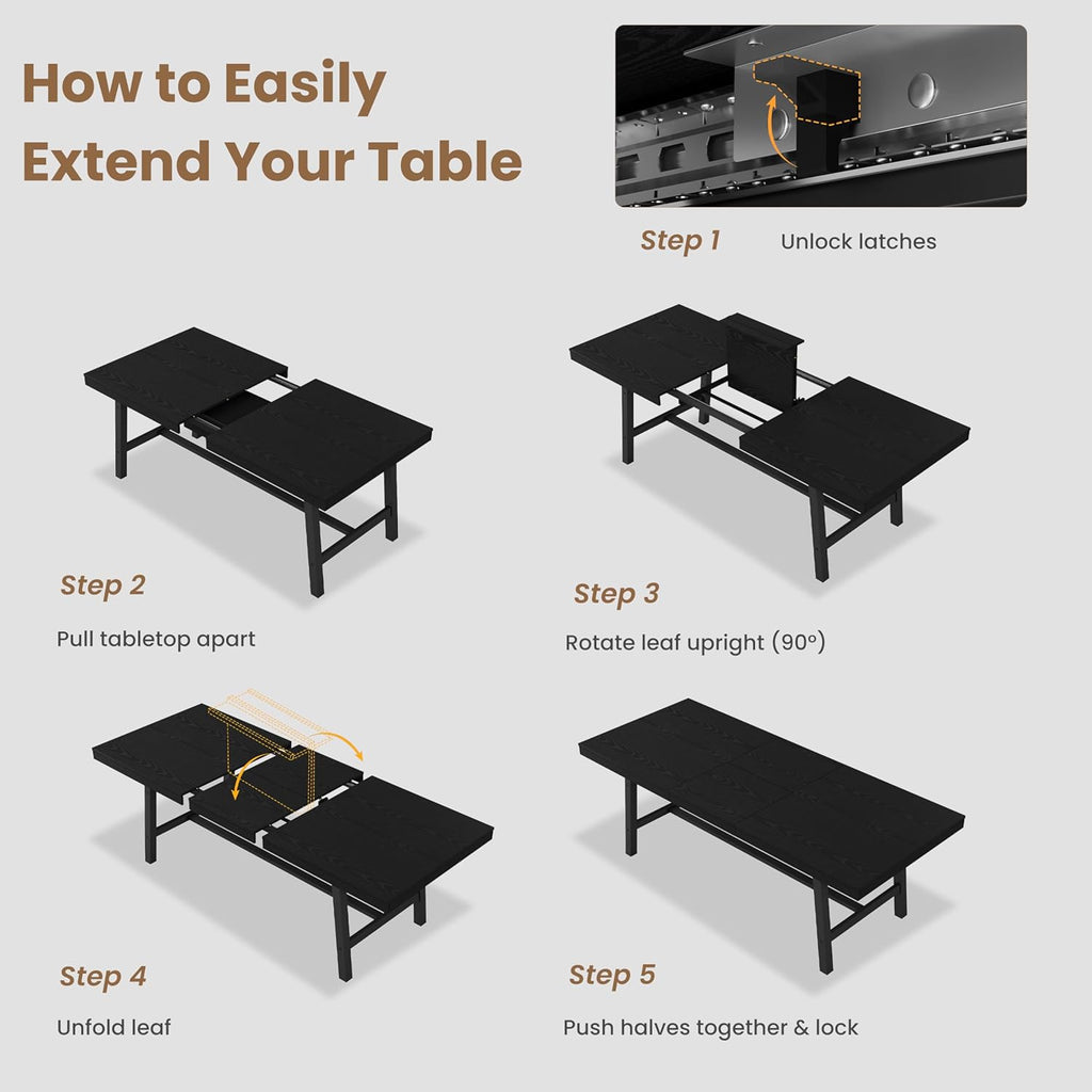 GarveeHome 63-83" Extendable Dining Table, Industrial Rectangular Dining Room Table for 6-8 People, Expandable Kitchen Table with Heavy Duty Metal Frame for Dining Room, Kitchen & Parties, Black