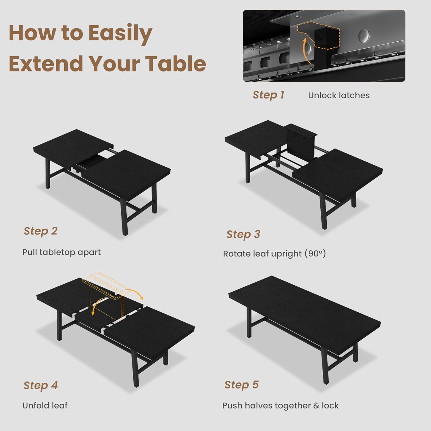 GarveeHome 63-83" Extendable Dining Table, Industrial Rectangular Dining Room Table for 6-8 People, Expandable Kitchen Table with Heavy Duty Metal Frame for Dining Room, Kitchen & Parties, Black