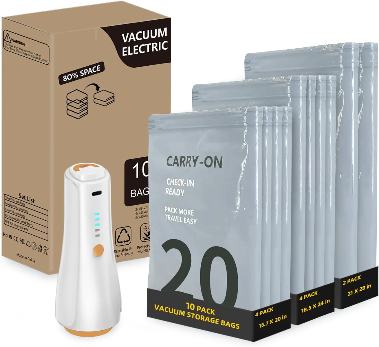 10Pack Travel Vacuum Storage Bags with Rechargeable Wireless Electric Pump, 3 Sizes (20/24/28 Inch) Space Saver Seal Bags for Luggage Suitcase, Carry-on Size for Clothes Travel Essentials Luggage