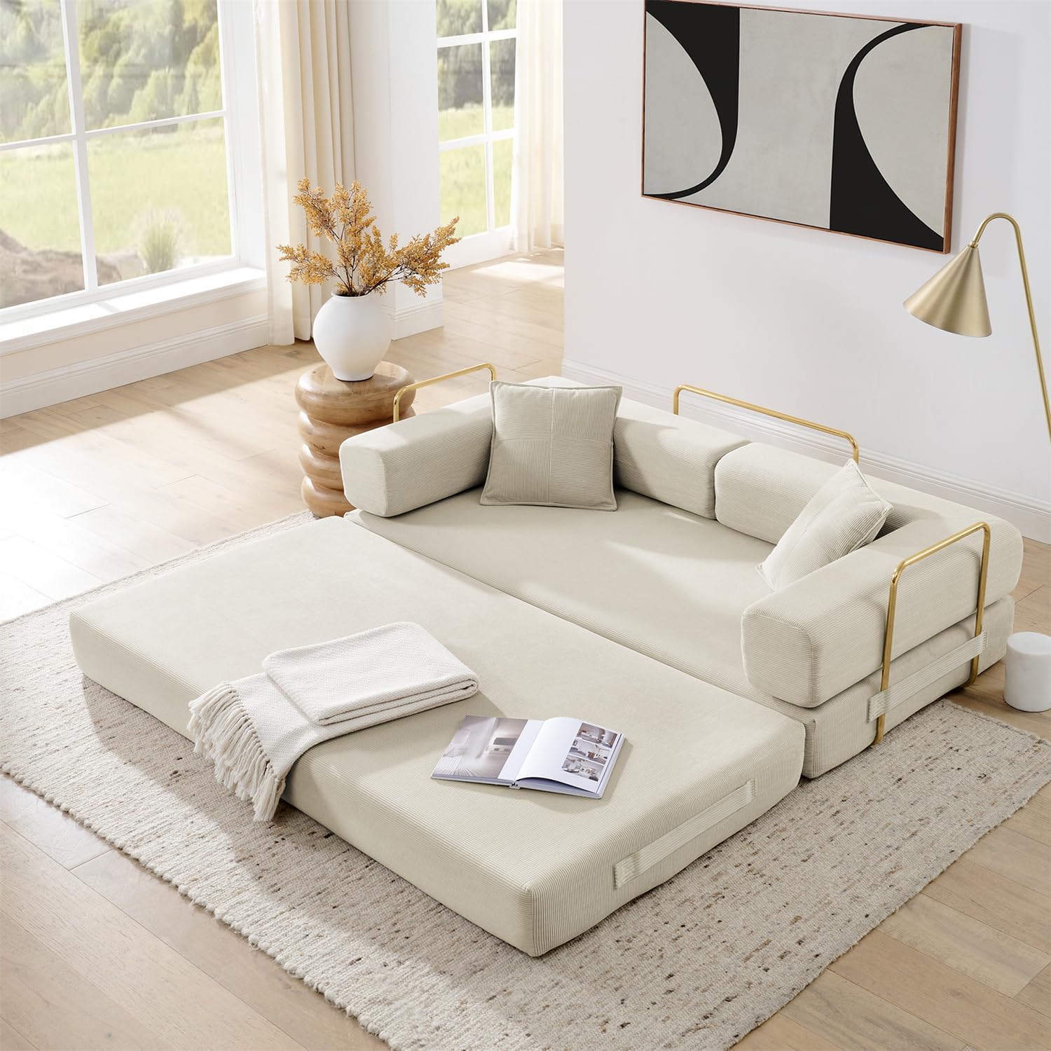 4-in-1 Folding Convertible Sofa Bed, 78 Inch Boneless Couch with Fixed-Shape Frame, Corduroy Loveseat Sleeper with Pull Out Bed, Floor Sofa Modular Futon Couch for Living Room Bedroom Lounge (Beige)