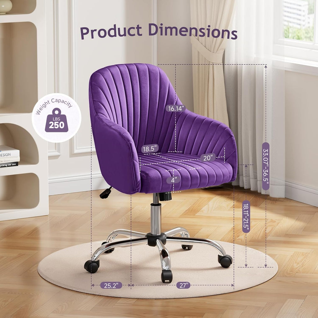 Warmiehomy Office Chair, Velvet Desk Chair for Home Office, Cozy Vanity Chair, Girl Cute Makeup Chair with Arm Rest for Bedroom Dressing Room (Velvet Plum Purple)