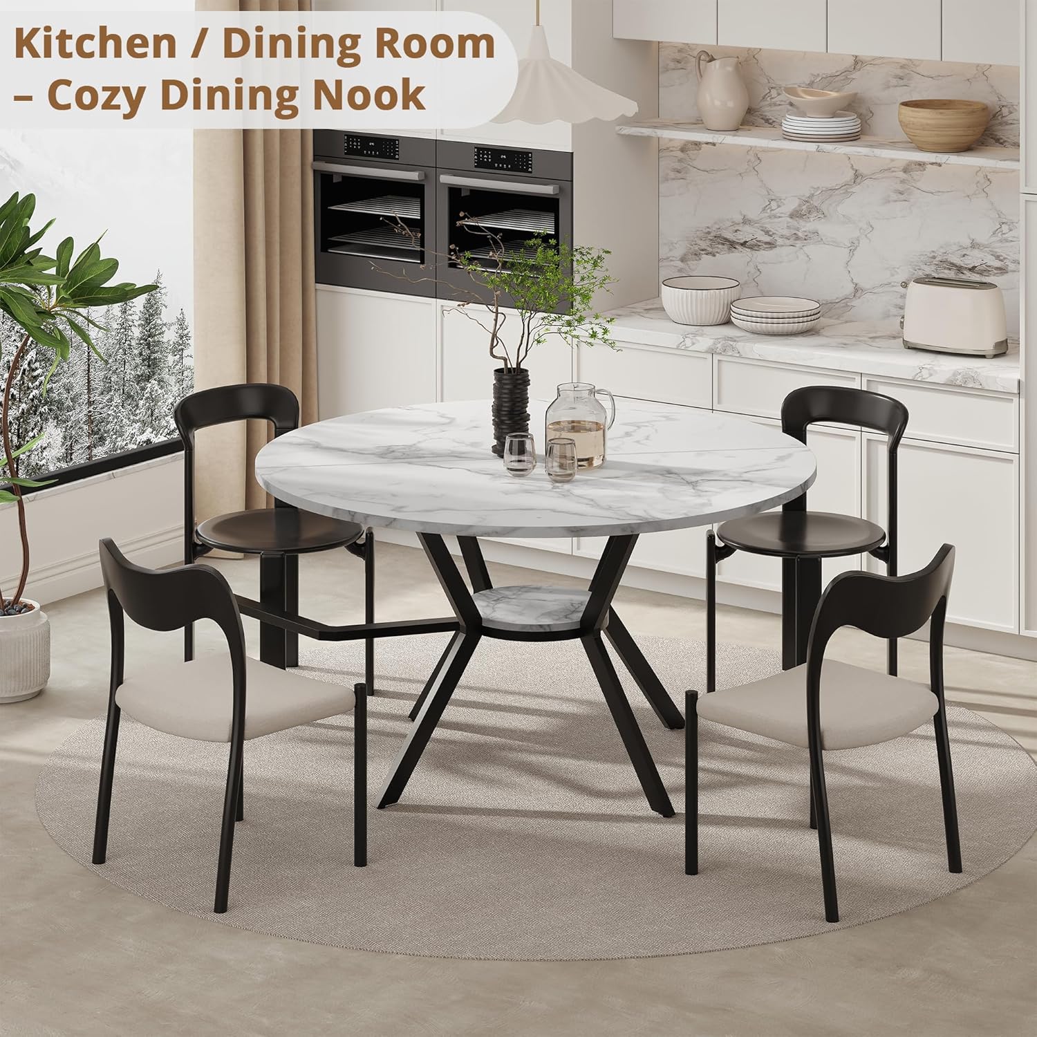 42" Round Dining Table for 2-4, Modern Kitchen Table with Faux Marble Tabletop & Metal Legs, Space Saving Circle Table with Storage, Wood Kitchen & Dining Room Tables for Kitchen Dining Room