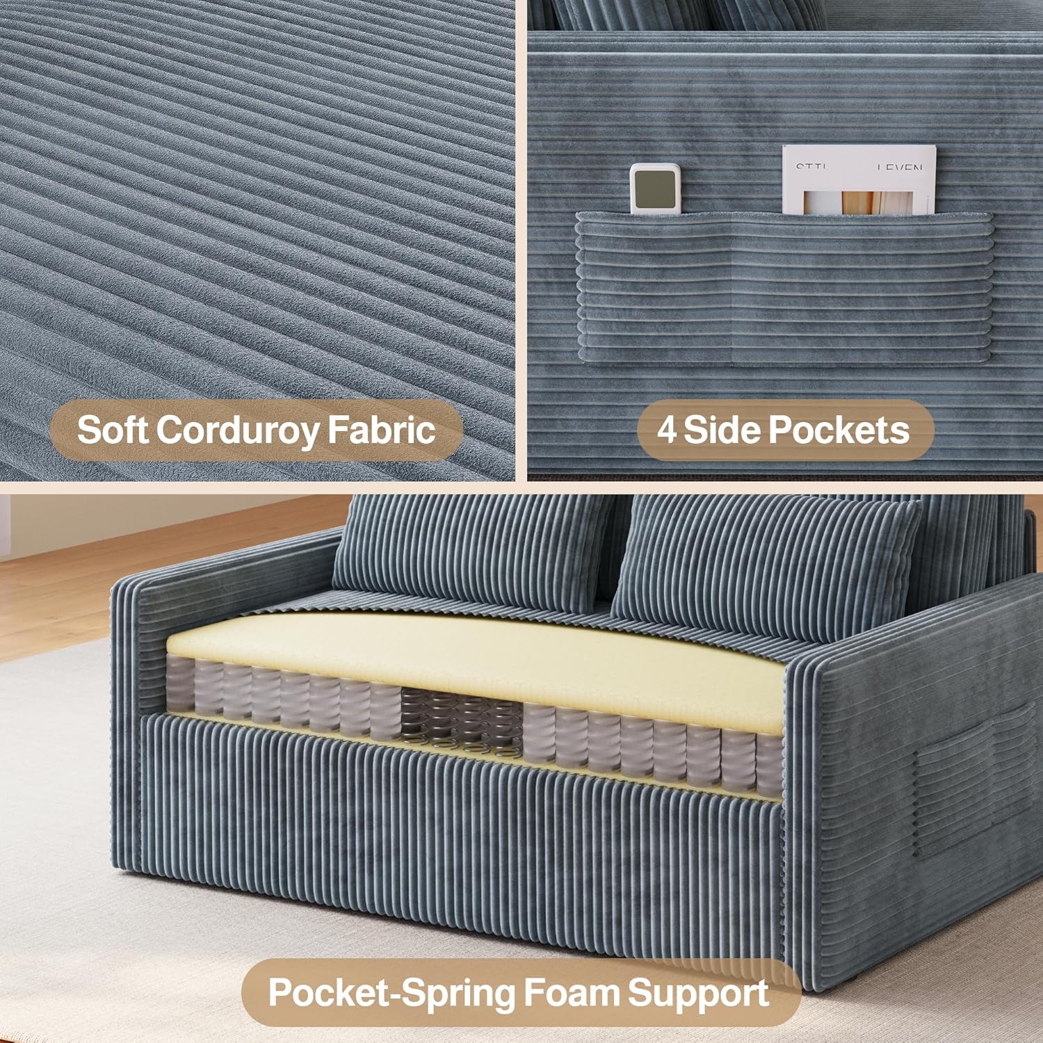 Ahomly 77.2'' Extended Pull Out Sofa Bed, 3-in-1 Small Space Convertible Loveseat Sleeper Couch Bed, Corduroy Sofa for Living Room, Bedroom, Apartment, Dark Grey